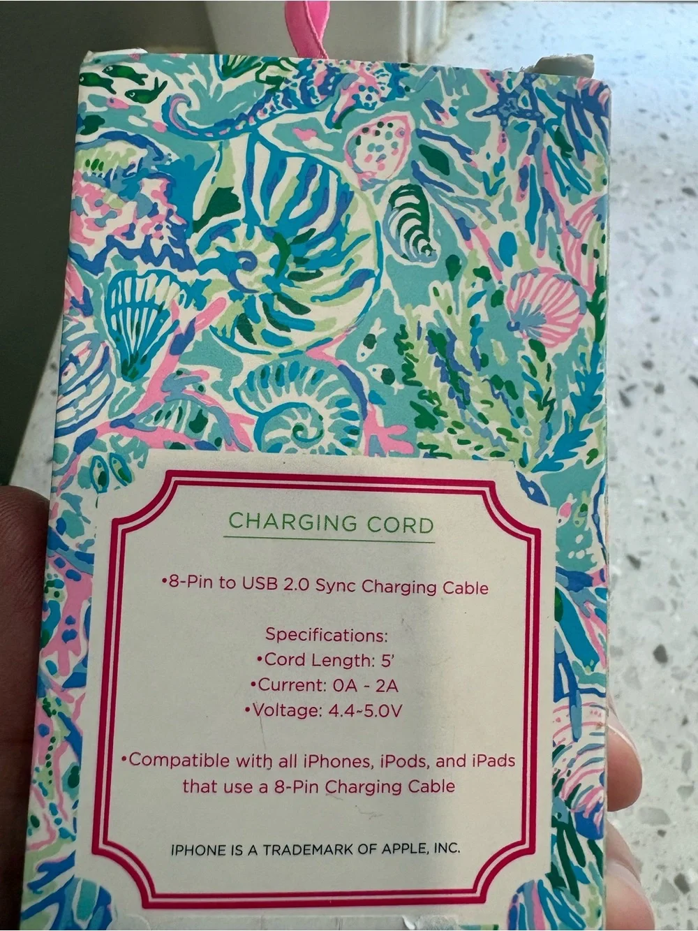 NIB Lilly Pulitzer Gold Braided Charging Cord with Pink & Blue Cord Keeper